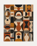 Earth Tone Column Grid, earth tone abstract art with terracotta columns, black arcs, cream circles