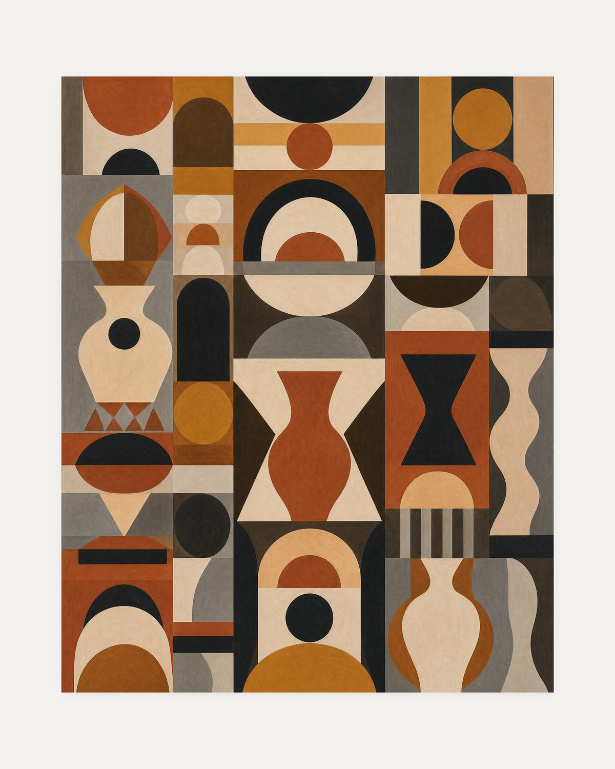 Earth Tone Column Grid, earth tone abstract art with terracotta columns, black arcs, cream circles