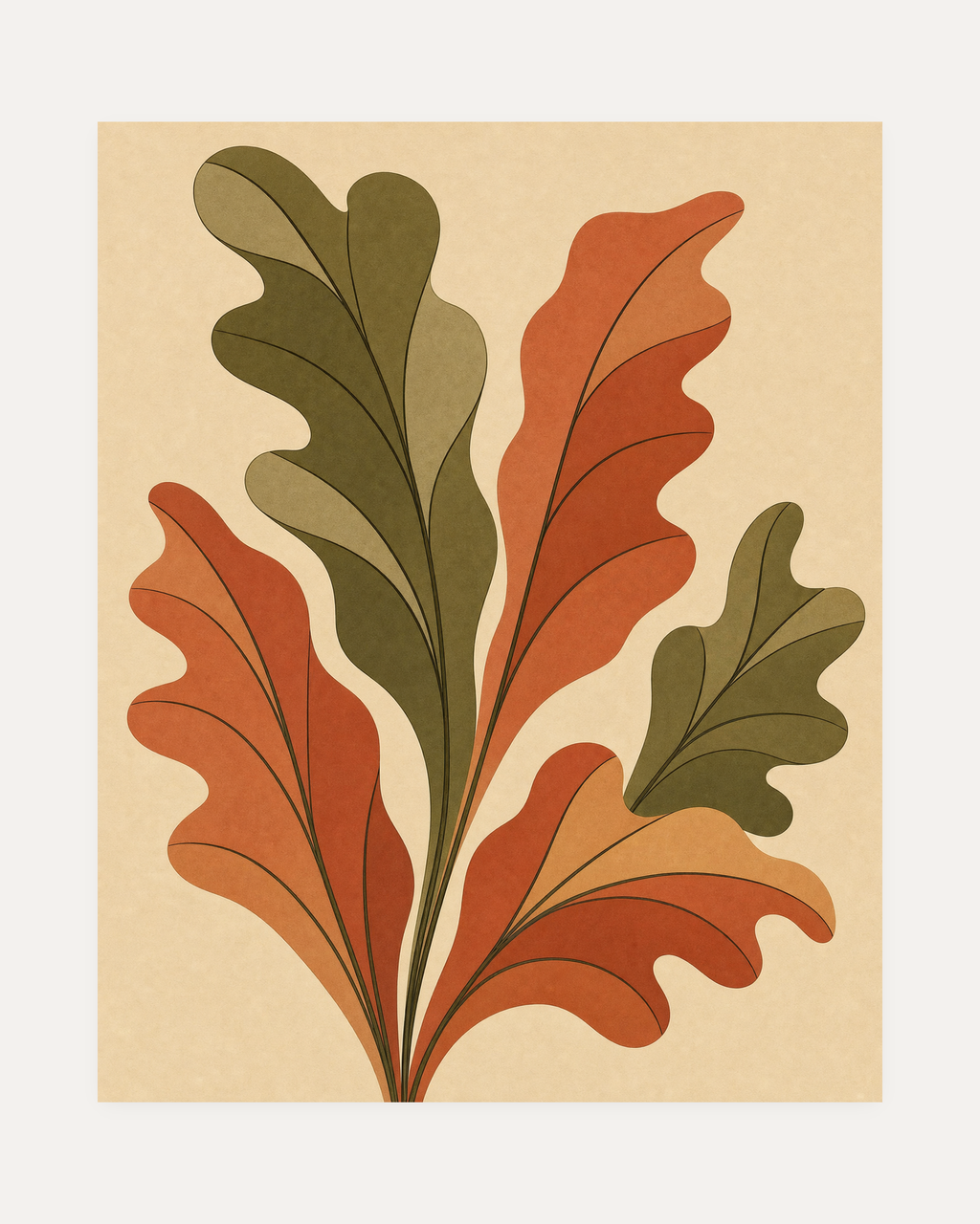Oak Rise unframed oak leaf botanical prints print showing layered oak leaves in green and rust