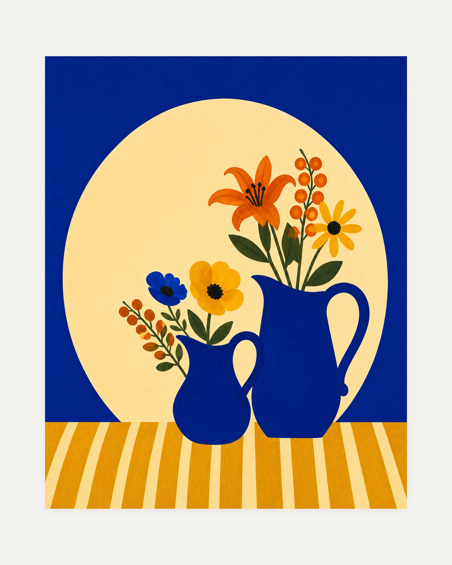 Cobalt Bowl Mixed Bloom Remap unframed flower vase wall art print showing two cobalt pitchers with orange yellow and blue flowers