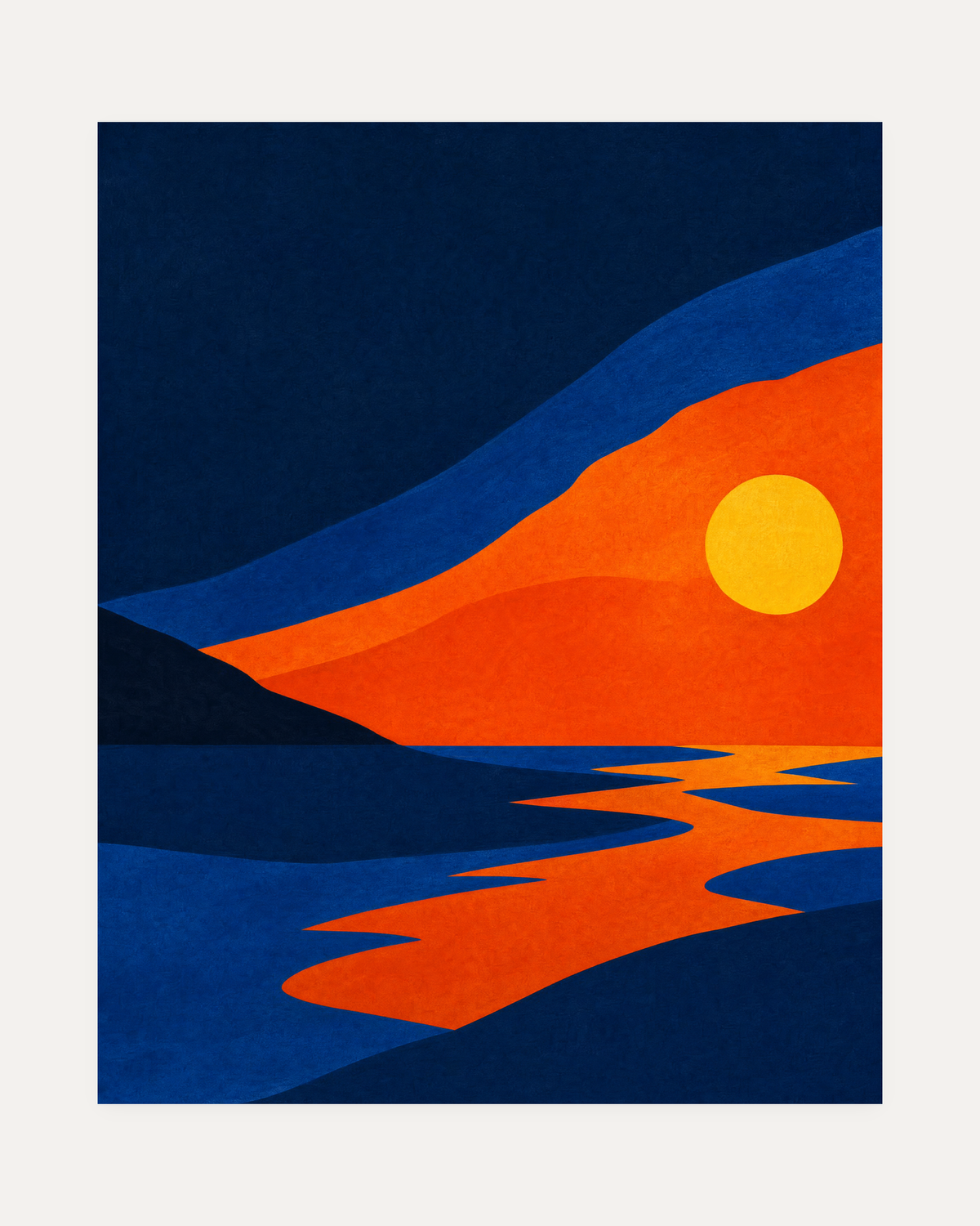 Offset Sun Sea unframed abstract sunset wall art print showing offset yellow sun, navy and orange sea ribbons, and a dark land wedge