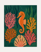 Garden Seahorse unframed seahorse wall art print showing an orange seahorse among coral