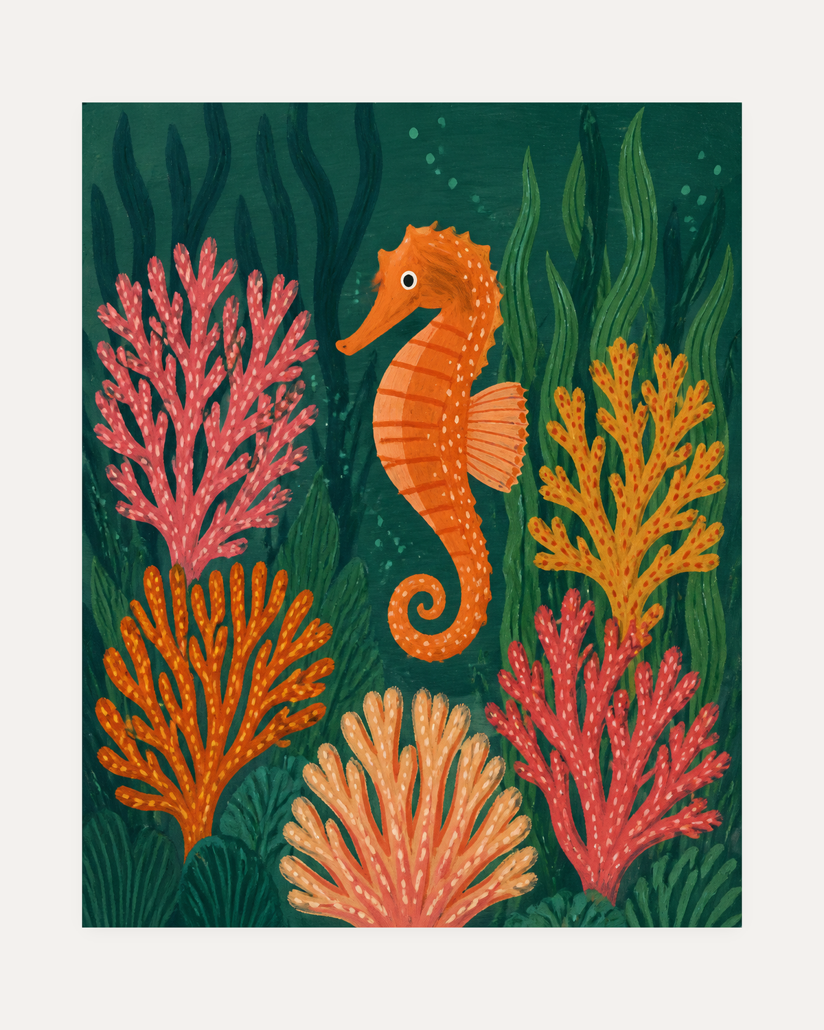Garden Seahorse unframed seahorse wall art print showing an orange seahorse among coral