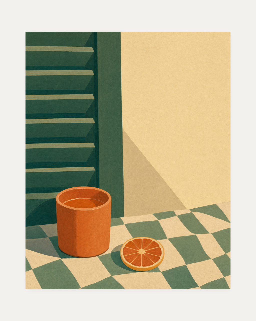 One Tumbler Check Cloth unframed citrus art print showing terracotta tumbler, citrus wheel, green shutter