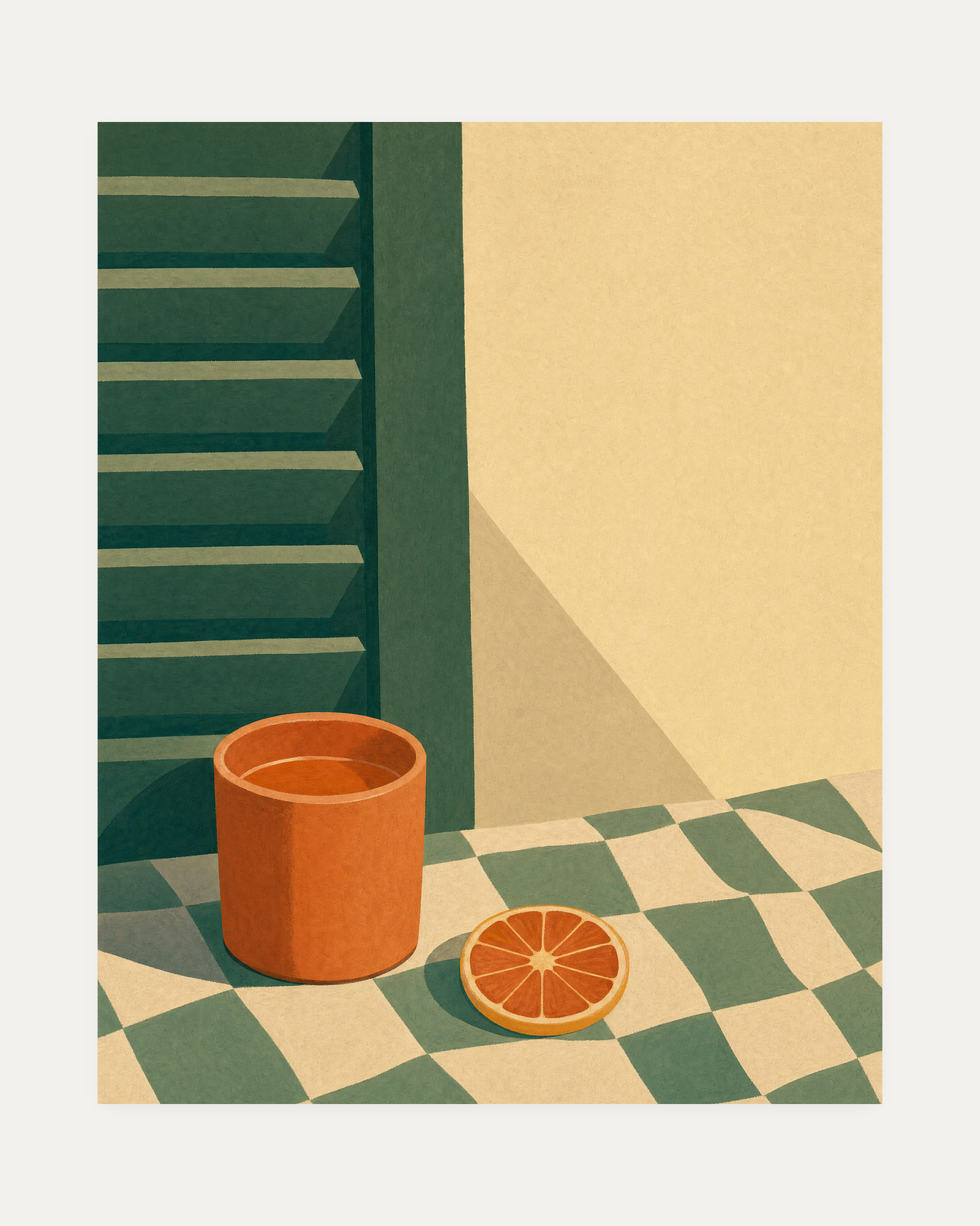 One Tumbler Check Cloth unframed citrus art print showing terracotta tumbler, citrus wheel, green shutter