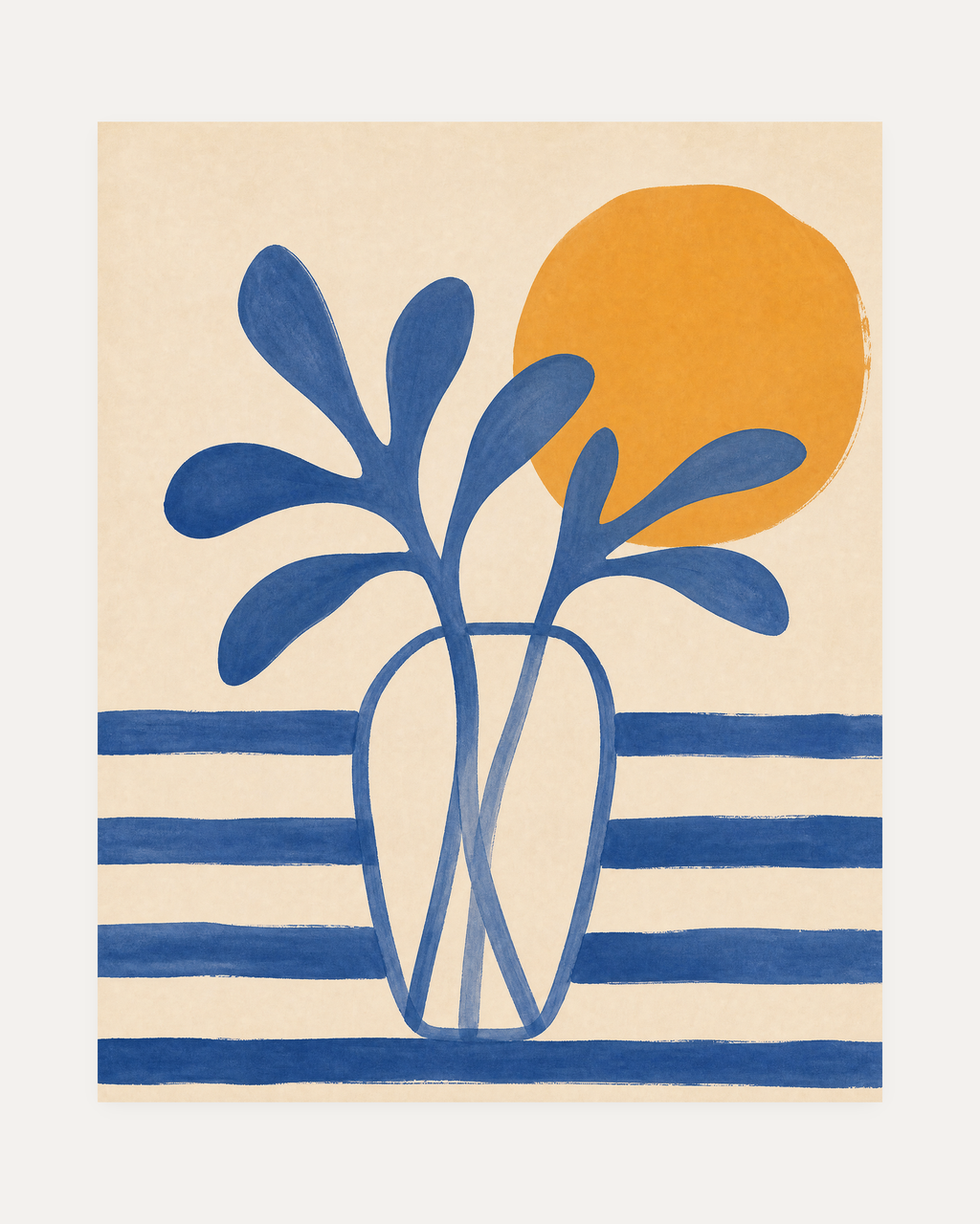 Leaf Vase, blue leaf vase wall art, line-drawn vase, blue leaf forms, orange sun disc on beige ground