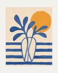 Leaf Vase, blue leaf vase wall art, line-drawn vase, blue leaf forms, orange sun disc on beige ground