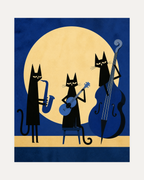Jazz Cats jazz art prints, black cat trio with saxophone, guitar, double bass on blue field with cream moon