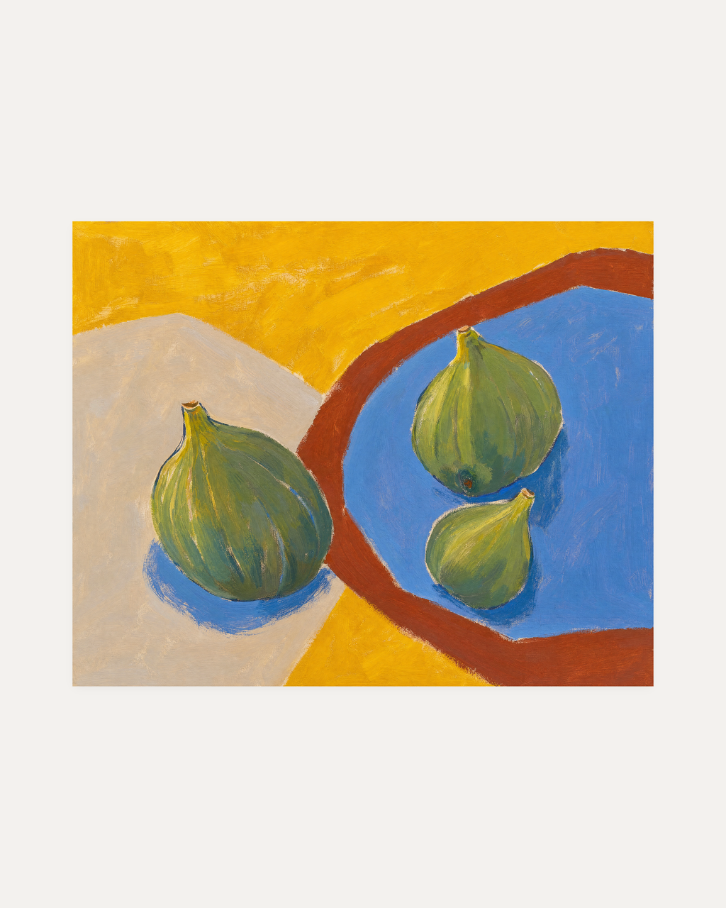 Three Figs unframed figs still life print showing figs and plate in green, blue, and yellow
