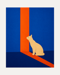 Morning Cat, cream cat orange stripe wall art, cream cat on cobalt field with beige slabs and orange strips.