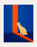 Morning Cat, cream cat orange stripe wall art, cream cat on cobalt field with beige slabs and orange strips.