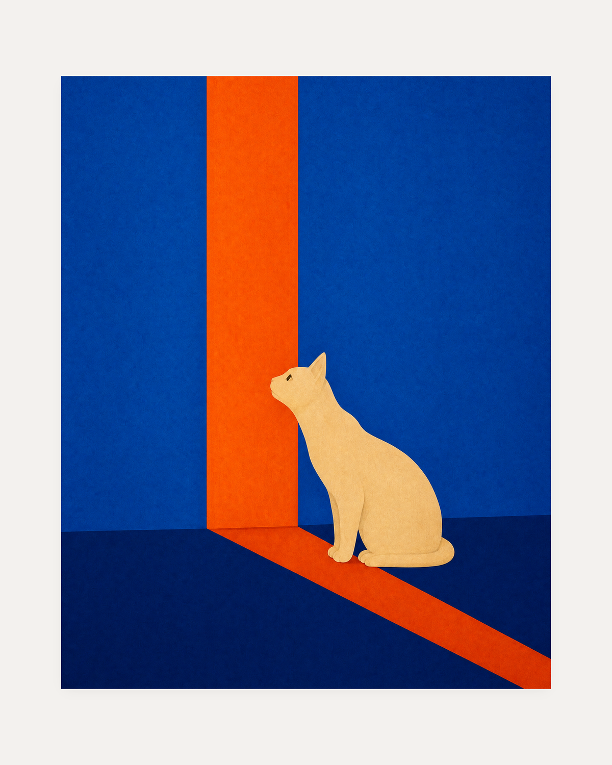 Morning Cat, cream cat orange stripe wall art, cream cat on cobalt field with beige slabs and orange strips.