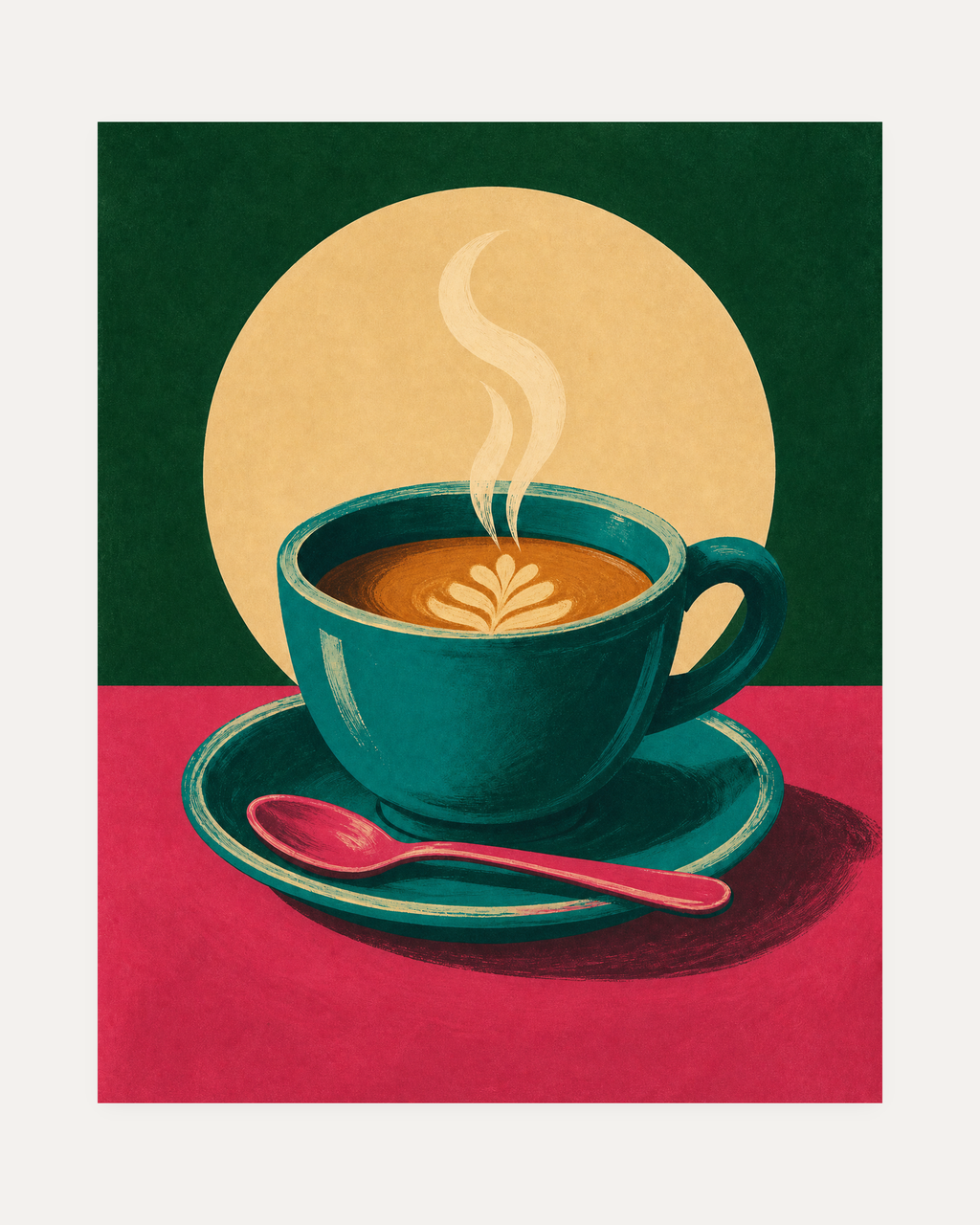 Morning Latte unframed leaf latte print showing a teal cup with leaf latte art