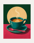 Morning Latte unframed leaf latte print showing a teal cup with leaf latte art