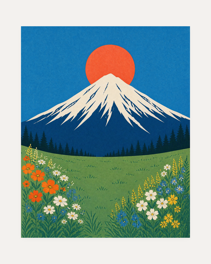 One Snow Peak One Round Sun Two Flower Banks unframed mountain wildflower wall art print showing snow peak, round sun, and two flower banks