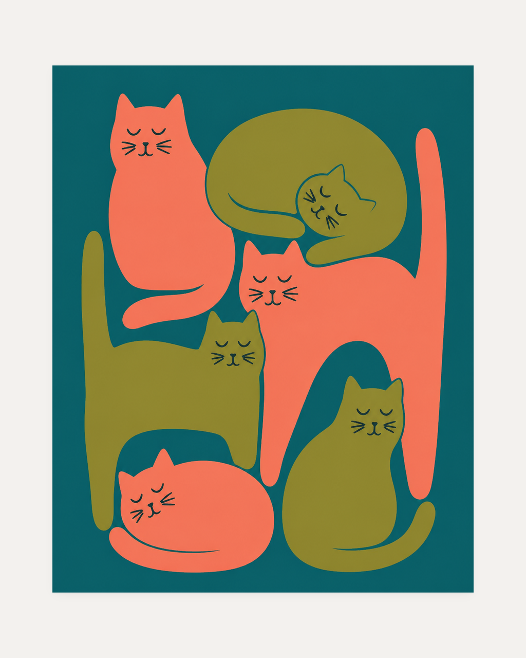 Nap Cats unframed cat art for wall print showing sleeping coral and olive cats on teal