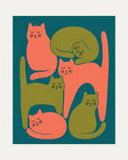 Nap Cats unframed cat art for wall print showing sleeping coral and olive cats on teal
