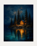 Cabin After Dark unframed night lake cabin print showing a lit cabin reflected in a night lake