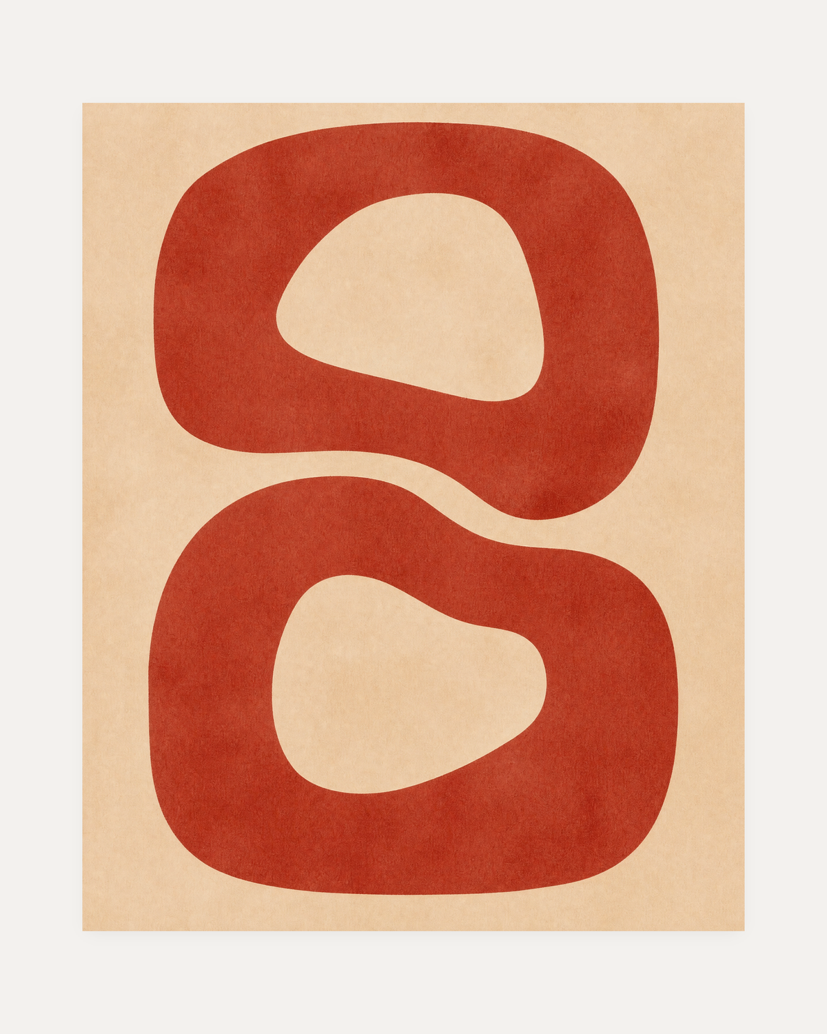 Narrow Passage terracotta loop wall art, two rounded terracotta forms, narrow cream channel, off-white field