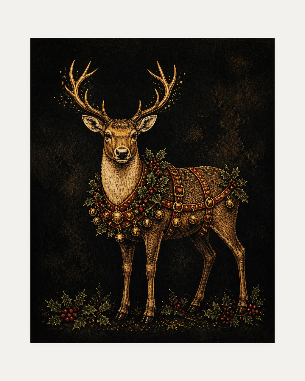 Holiday Reindeer unframed bell reindeer print showing a reindeer in a holly harness