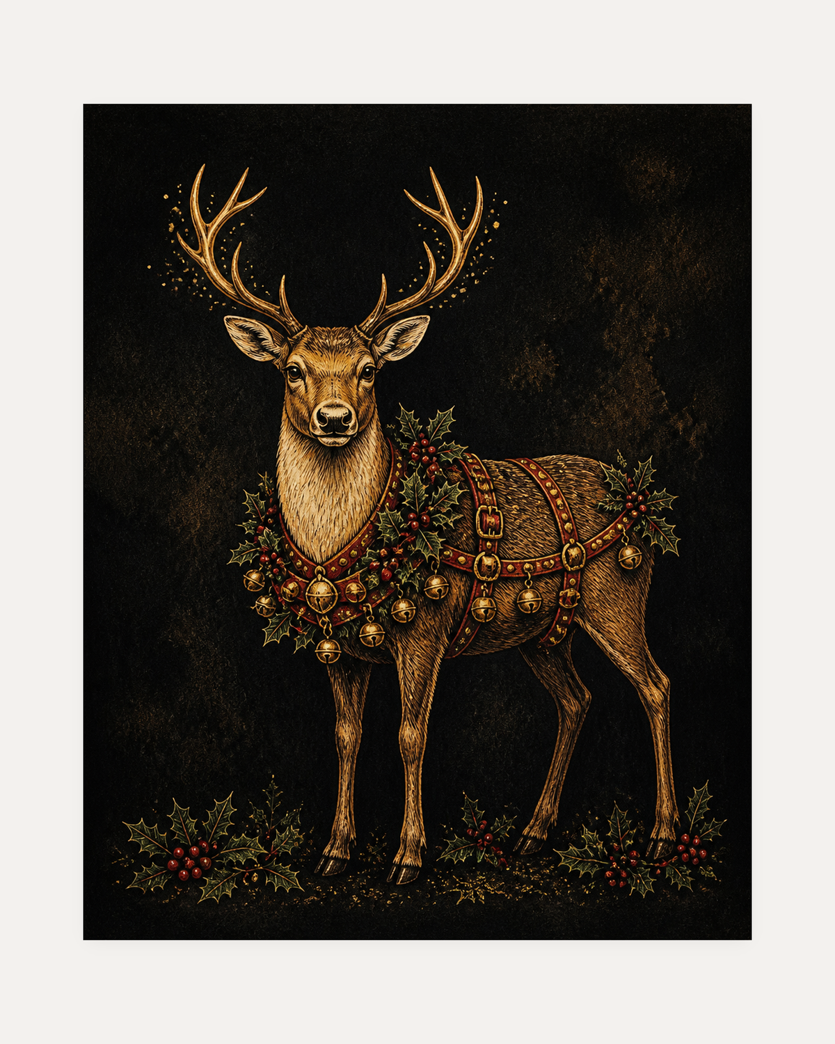 Holiday Reindeer unframed bell reindeer print showing a reindeer in a holly harness