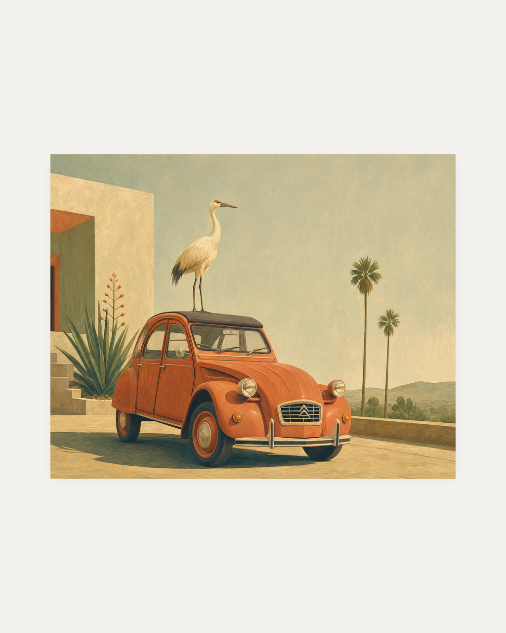 Crane on Terracotta 2CV unframed vintage car print showing terracotta 2CV, cream crane, sage desert