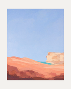 Peach Dune Blue unframed blue and coral abstract wall art print showing cliff, hill, and water in blue, orange, and brown