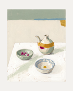 Oil Pourer Table unframed olive oil wall art print showing teapot, bowl, and flowers in white, green, and blue