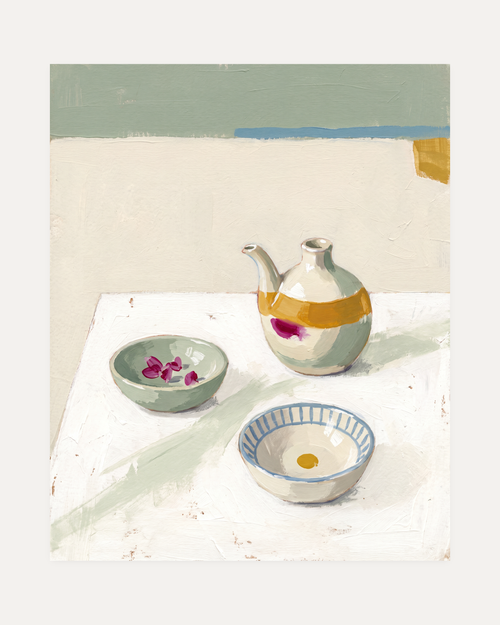Oil Pourer Table unframed olive oil wall art print showing teapot, bowl, and flowers in white, green, and blue