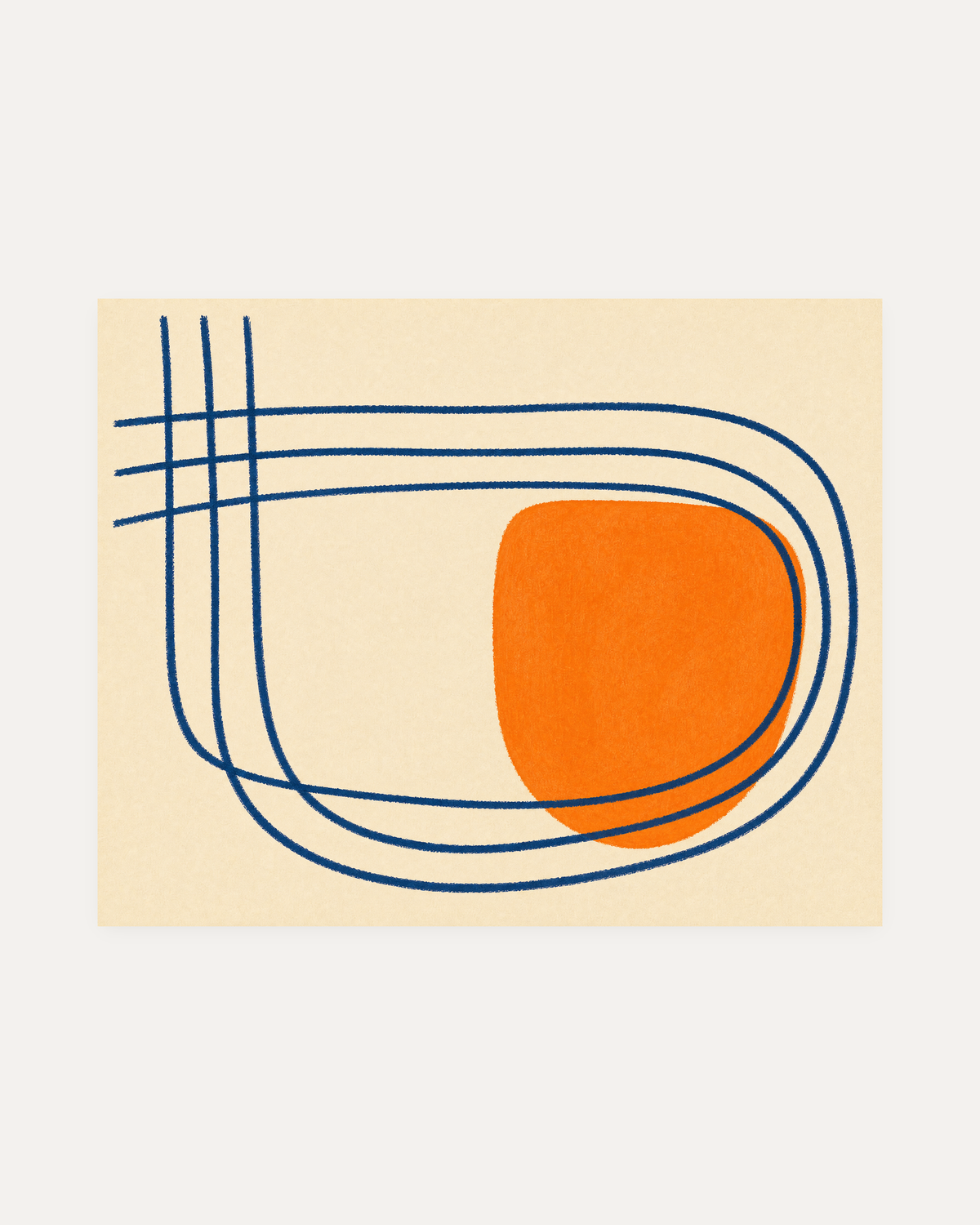 Orange Break, navy line orange wall art, rounded navy paths, orange capsule, cream beige ground