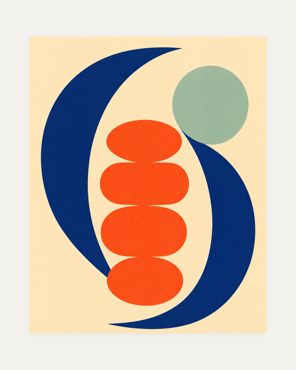 Coral Pause, navy curve coral stack wall art, navy curves, coral oval, and beige ground in a portrait abstract.