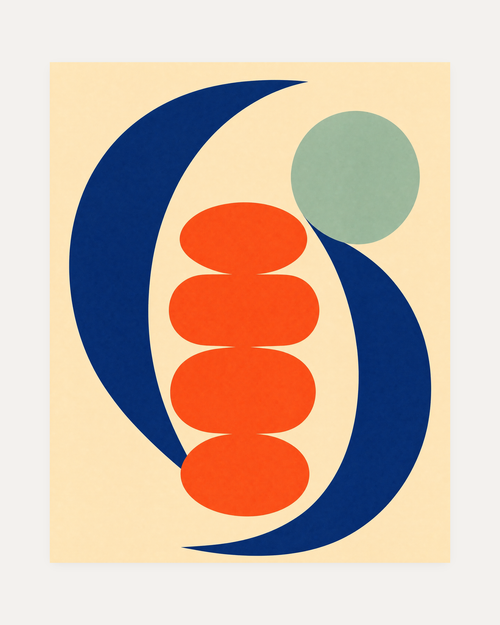 Coral Pause, navy curve coral stack wall art, navy curves, coral oval, and beige ground in a portrait abstract.