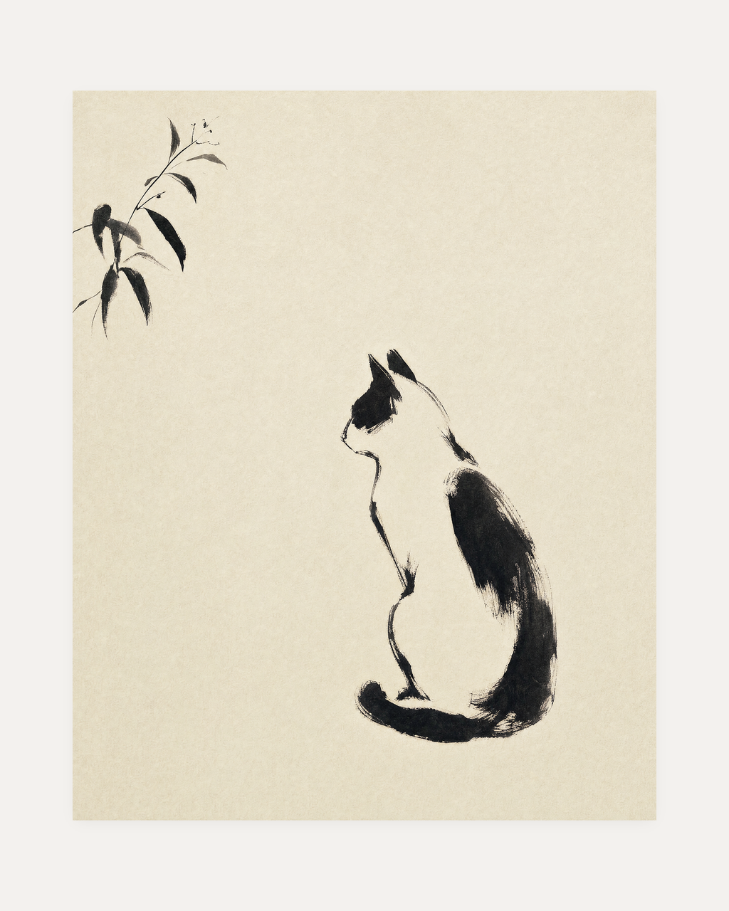 Ink Sitting Cat unframed black and white cat art print showing black-and-cream ink cat with a thin branch on warm paper