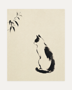 Ink Sitting Cat unframed black and white cat art print showing black-and-cream ink cat with a thin branch on warm paper