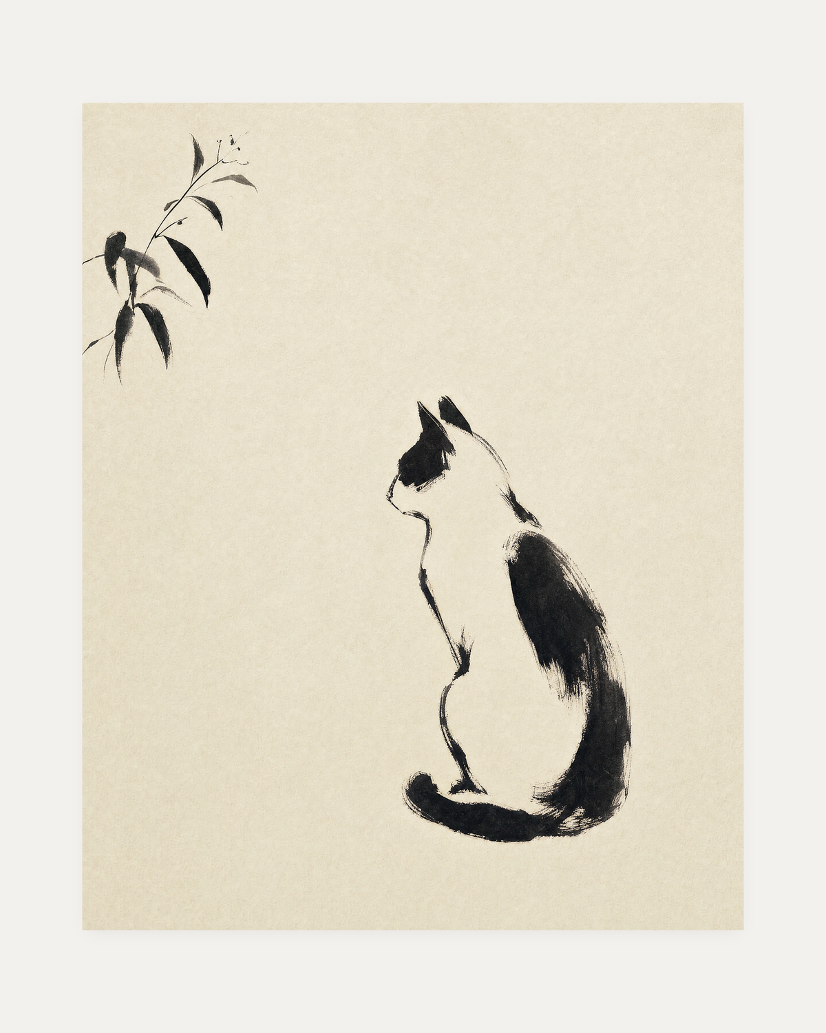 Ink Sitting Cat unframed black and white cat art print showing black-and-cream ink cat with a thin branch on warm paper