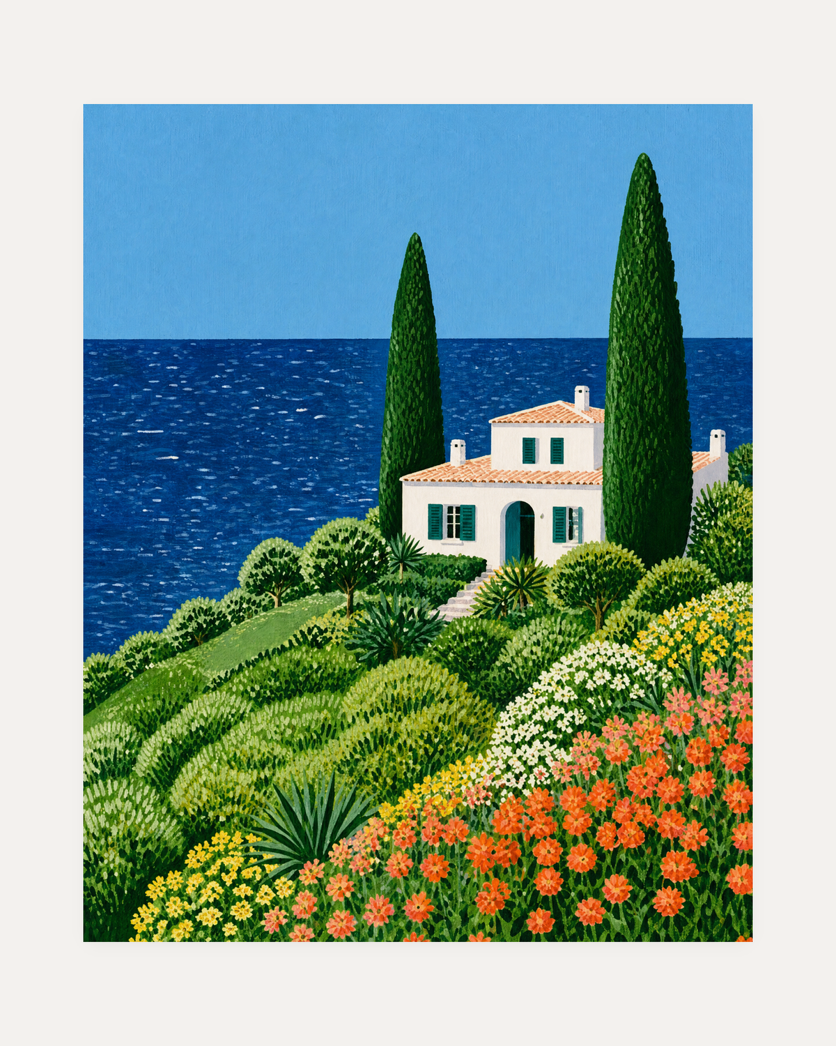 Cypress Villa villa flower bank wall art, white villa between cypress trees, blue water, green hillside