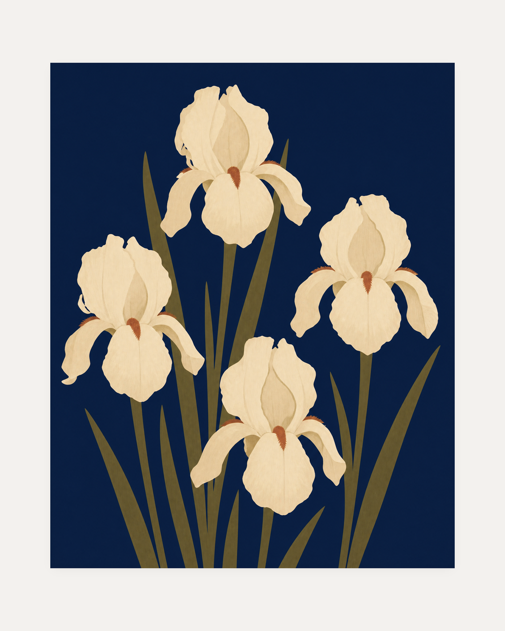 Cream Irises On Navy Field unframed cream iris wall art print showing four cream irises with olive leaves on deep navy