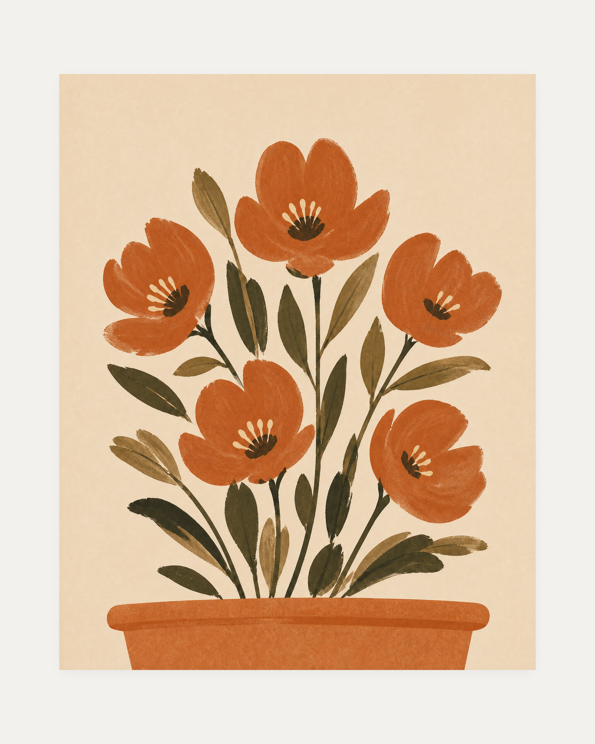 Morning Florets terracotta pot flower wall art, five orange florets, green leaves, cream field