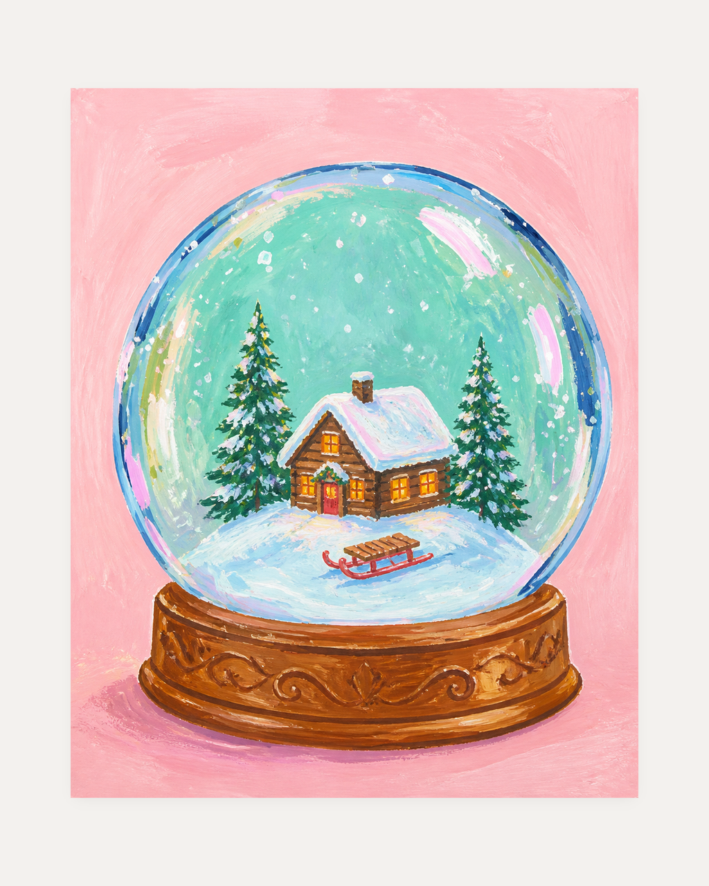 Sled Stop unframed snow globe print showing a snow globe with a cabin and sled