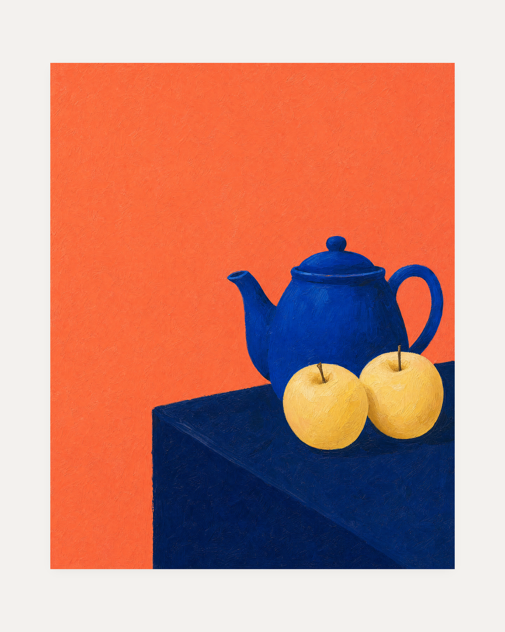 Cobalt Teapot Two Apples unframed blue teapot print showing cobalt teapot, cream apple, salmon wall