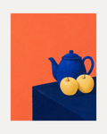 Cobalt Teapot Two Apples unframed blue teapot print showing cobalt teapot, cream apple, salmon wall