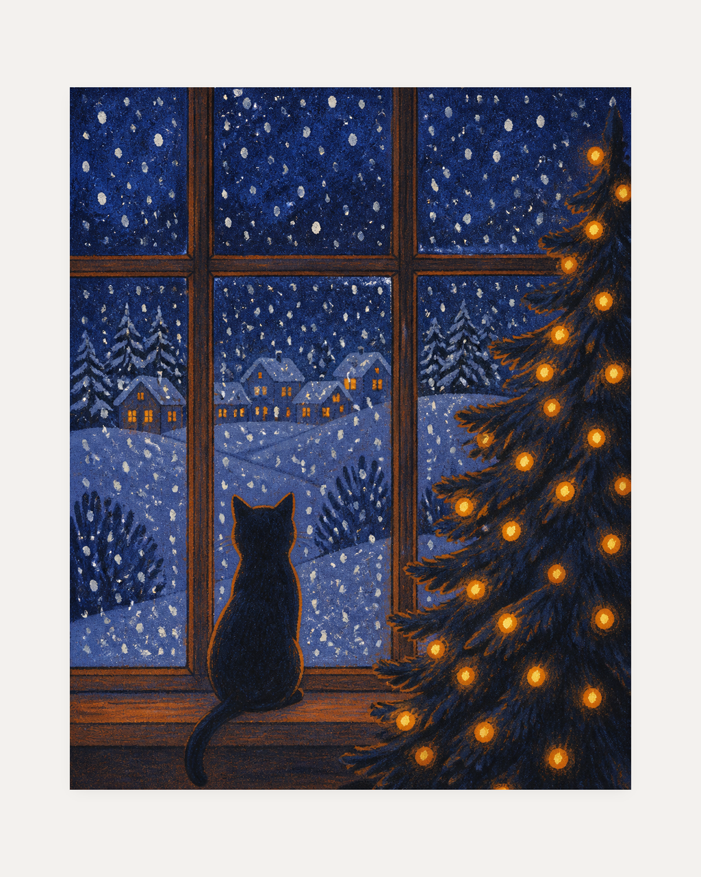 Snowlight Cat unframed cat posters print showing a black cat at a snowy window