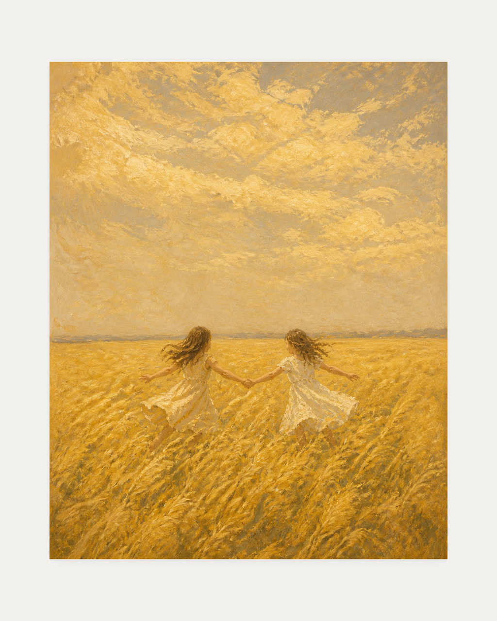 Golden Run unframed golden field print showing two figures running through a gold field