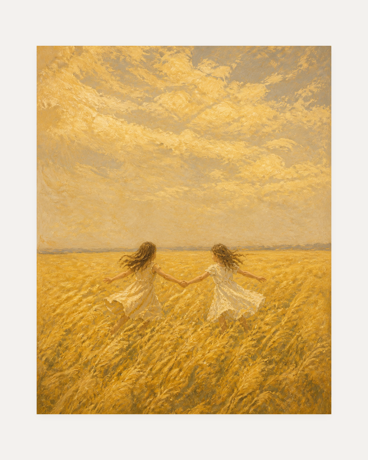 Golden Run unframed golden field print showing two figures running through a gold field