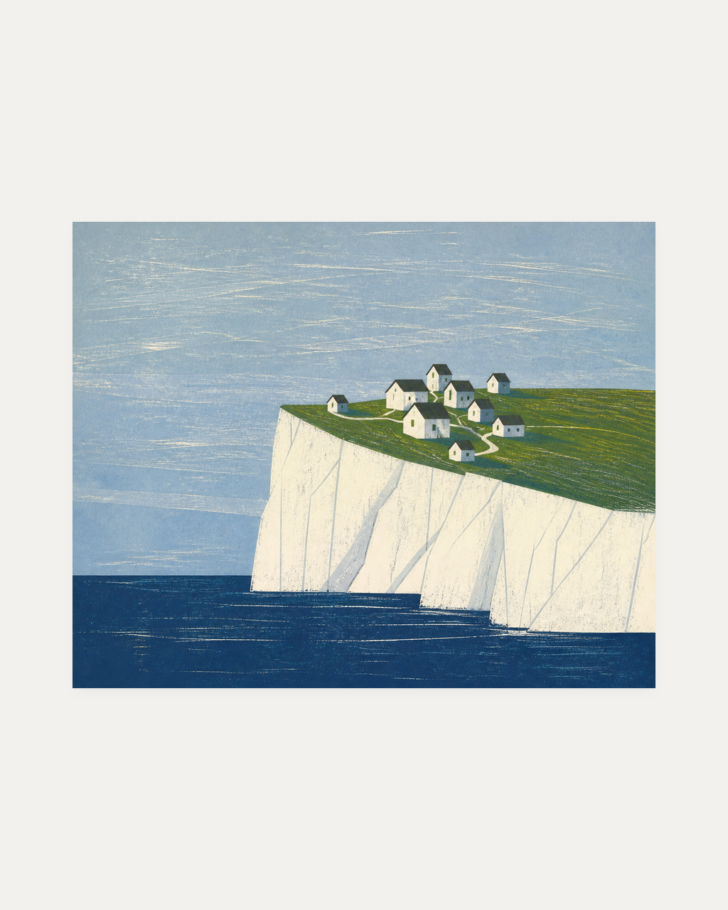 High Village unframed landscape art prints print showing white houses on a green cliff above the sea