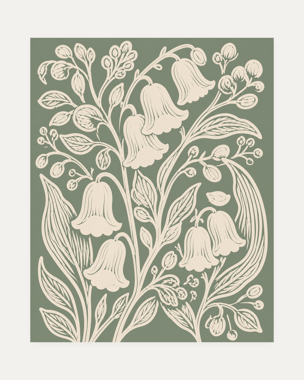 Bell Garden, cream bell sage panel wall art, five drooping blooms, thin stems, leaves, buds, and small bird