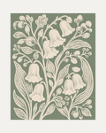Bell Garden, cream bell sage panel wall art, five drooping blooms, thin stems, leaves, buds, and small bird