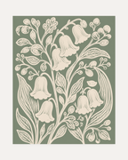 Bell Garden, cream bell sage panel wall art, five drooping blooms, thin stems, leaves, buds, and small bird
