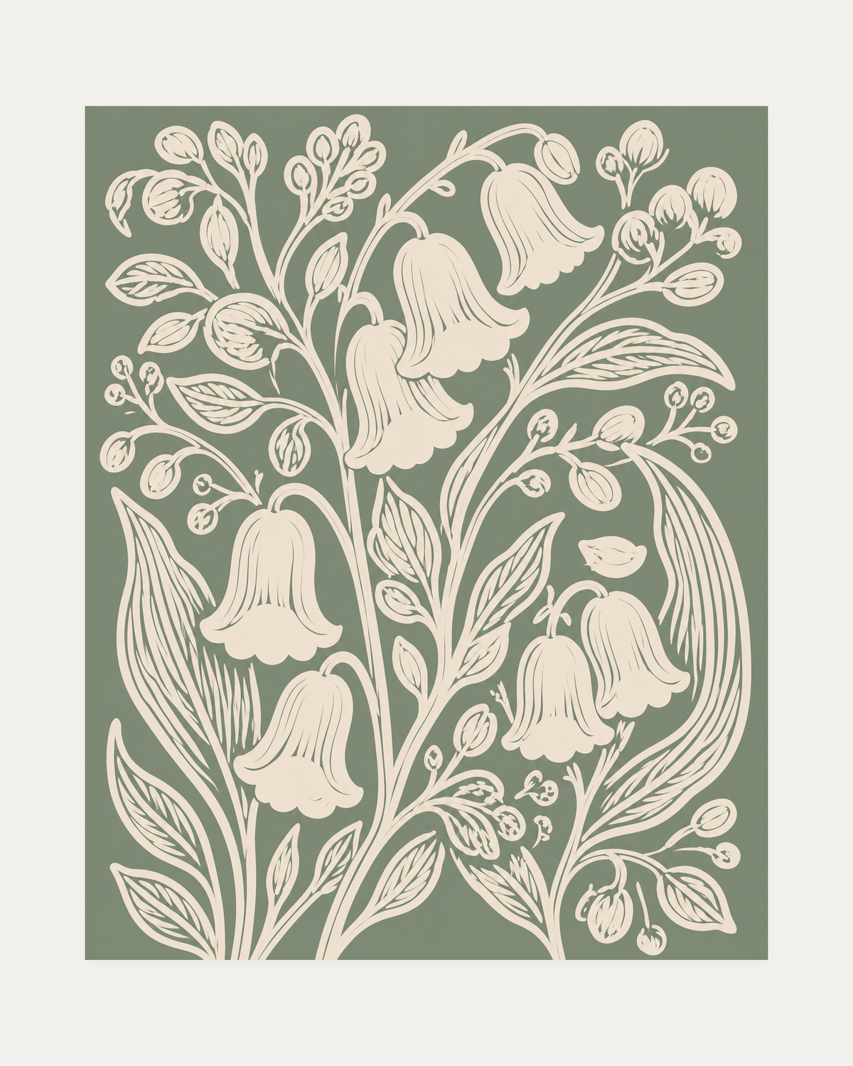 Bell Garden, cream bell sage panel wall art, five drooping blooms, thin stems, leaves, buds, and small bird