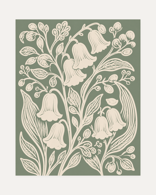 Bell Garden, cream bell sage panel wall art, five drooping blooms, thin stems, leaves, buds, and small bird